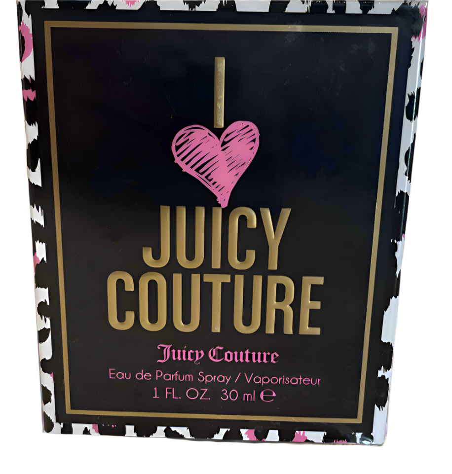 Juicy Couture perfume packaging with black and white pattern