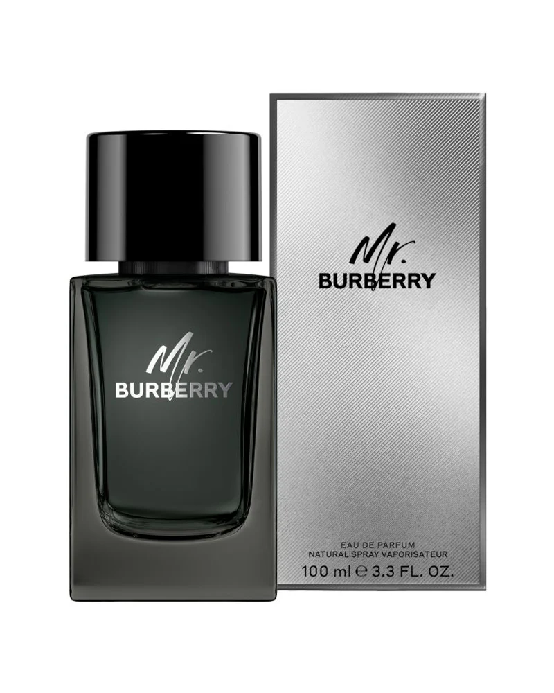 Black Burberry perfume bottle and packaging on a white background