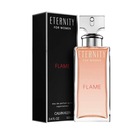 Calvin Klein Eternity Flame for women perfume bottle and packaging on a white background