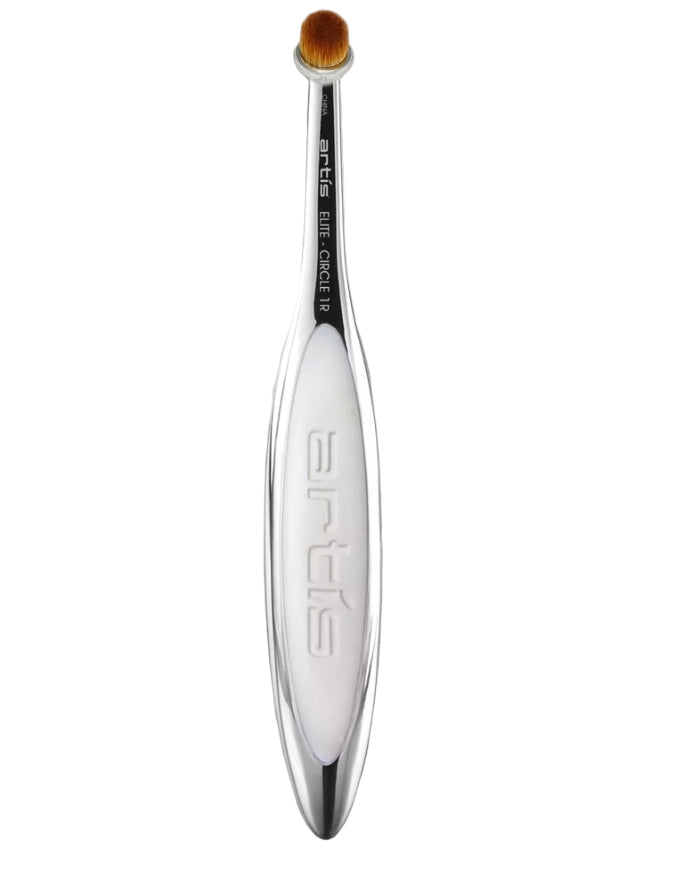 Cosmetic brush with silver handle and brown bristles on a white background