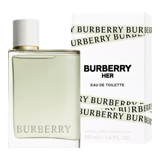 Bottle of Burberry Her eau de toilette with branding elements.