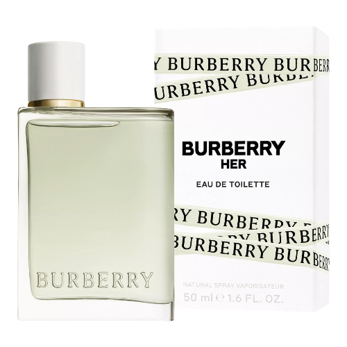 Bottle of Burberry Her eau de toilette with branding elements.