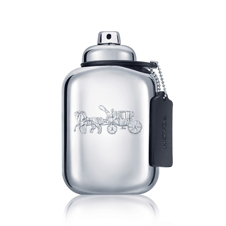 Silver perfume COACH PLATINUM bottle with black tag on a white background