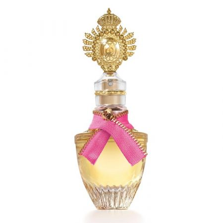 COUTURE  COUTURE Perfume bottle with decorative gold top and pink ribbon on a white background