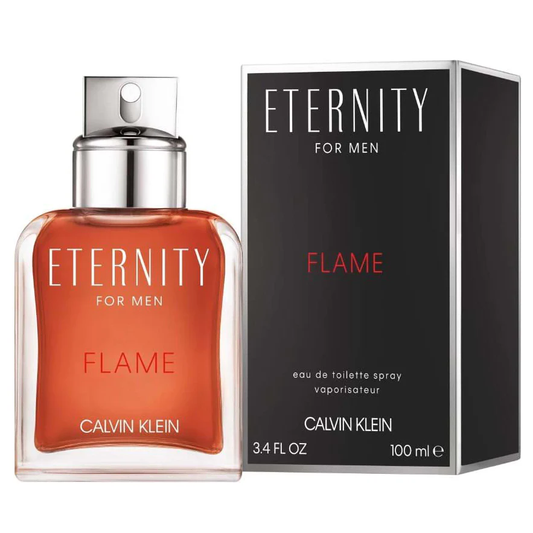Calvin Klein Eternity Flame perfume bottle and packaging on a white background