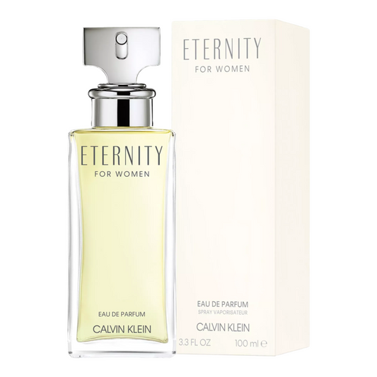 Calvin Klein Eternity for women eau de parfum bottle and packaging on a white background