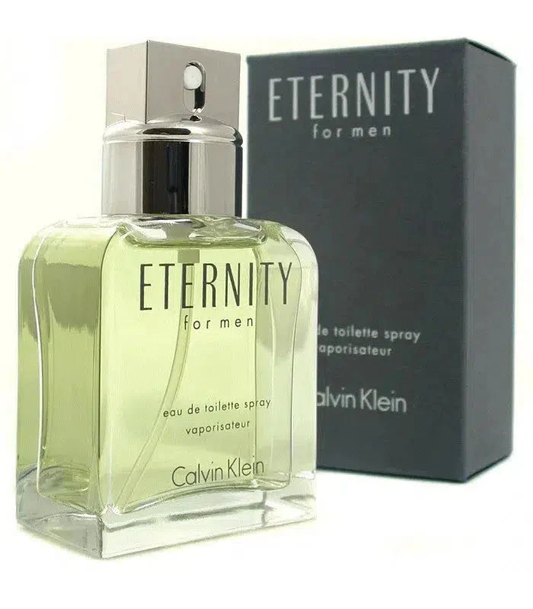 Calvin Klein Eternity for men perfume bottle and packaging on a white background