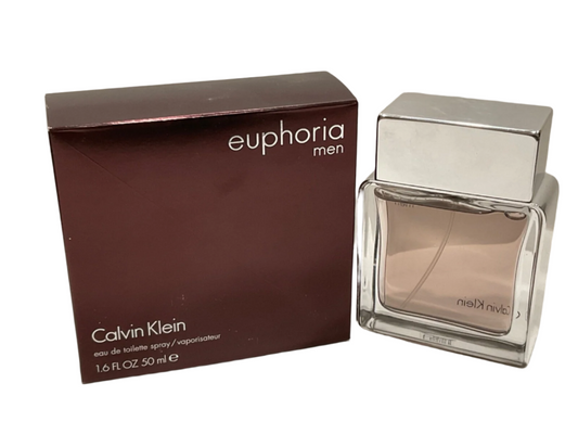 Calvin Klein Euphoria men's perfume bottle and packaging on a white surface.
