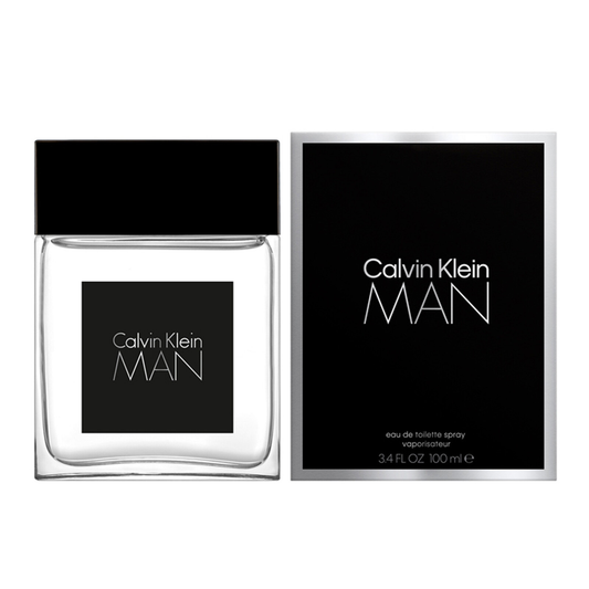 Calvin Klein Man perfume bottle and packaging on a white background