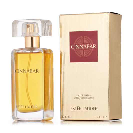 Estée Lauder Cinnabar perfume bottle and packaging on a white background