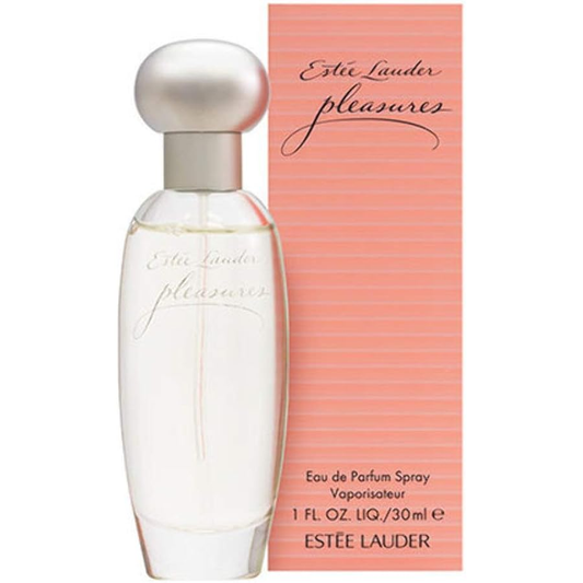 Estee Lauder Pleasures perfume bottle and packaging on a white background