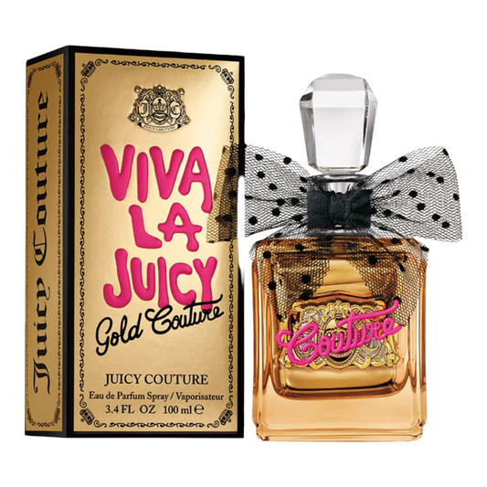 Juicy Couture Viva La Juicy Gold Couture perfume bottle and packaging on a white background