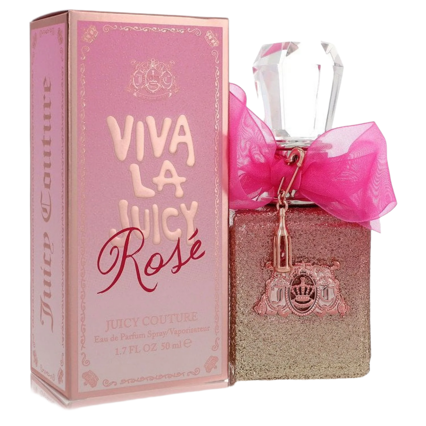 Juicy Couture Viva La Juicy Rose perfume bottle and packaging on a white background