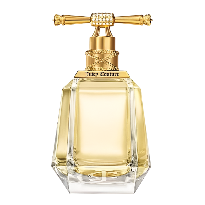 Juicy Couture'. Perfume bottle with gold cap and clear body on a white background,