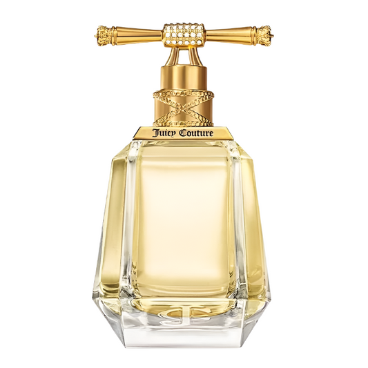 Juicy Couture'. Perfume bottle with gold cap and clear body on a white background,