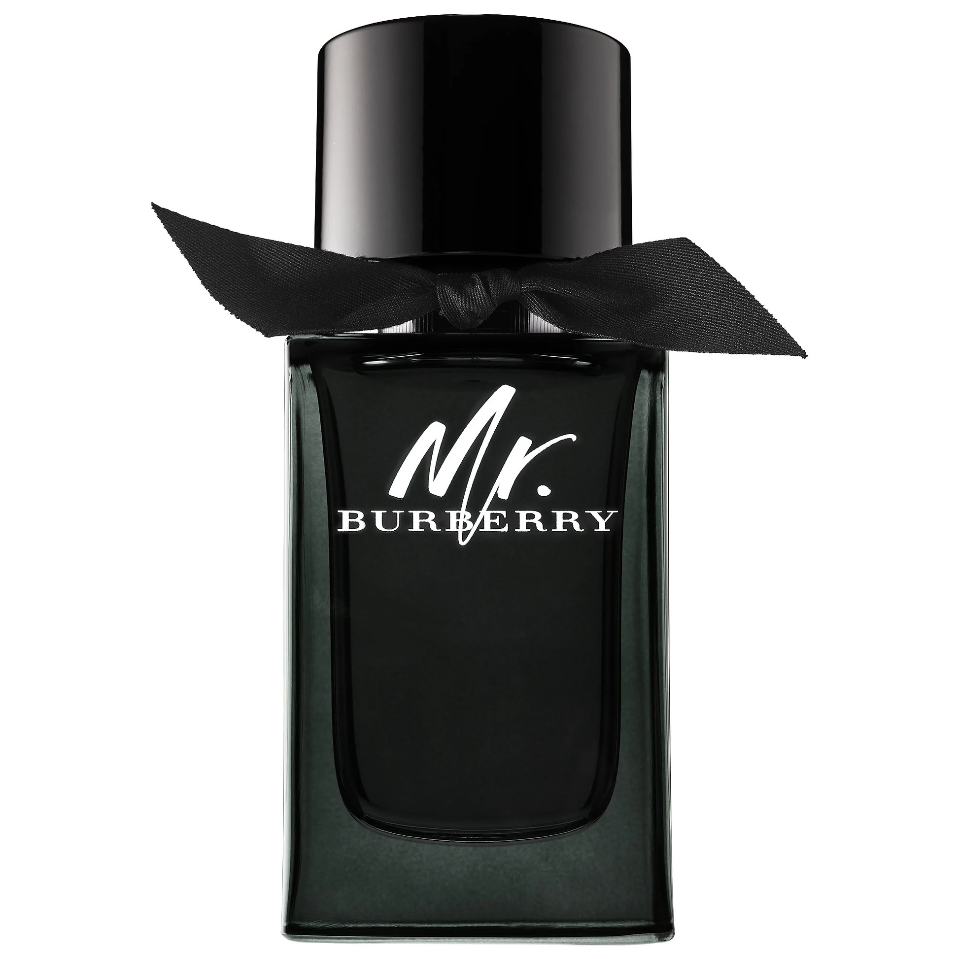 Black Burberry perfume bottle with a bow on a white background