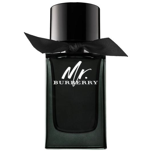 Black Burberry perfume bottle with a bow on a white background