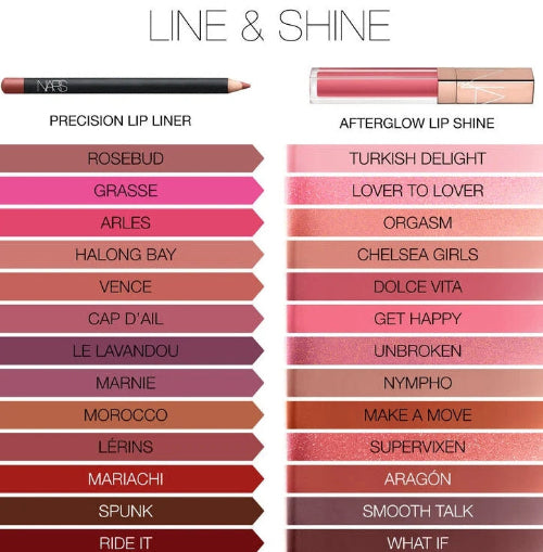 NARS lip products including a precision lip liner and afterglow lip shine with color swatches.
