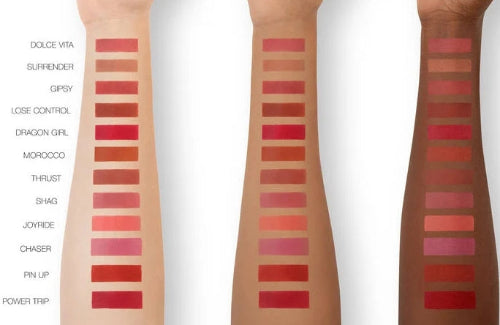 Color swatches of lipsticks on three different skin tones against a white background
