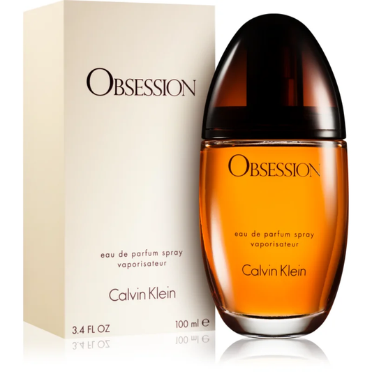 Calvin Klein Obsession perfume bottle and packaging on a white background