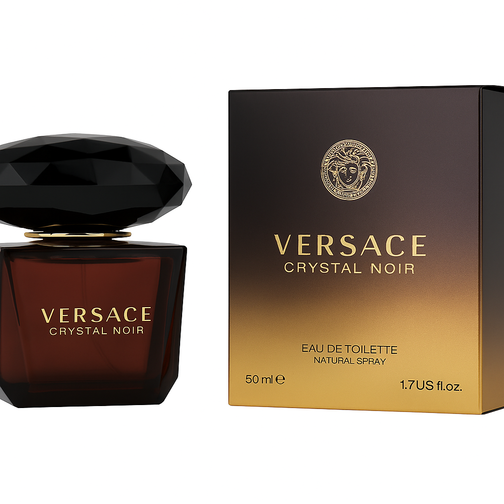 Versace Crystal Noir perfume bottle and packaging on a white background