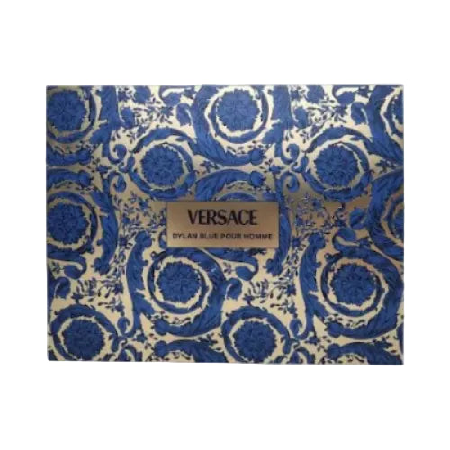 Versace perfume packaging with blue and gold pattern on a white background