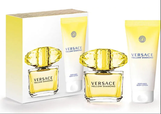 Versace Yellow Diamond perfume set with bottle, box, and body lotion on a white background