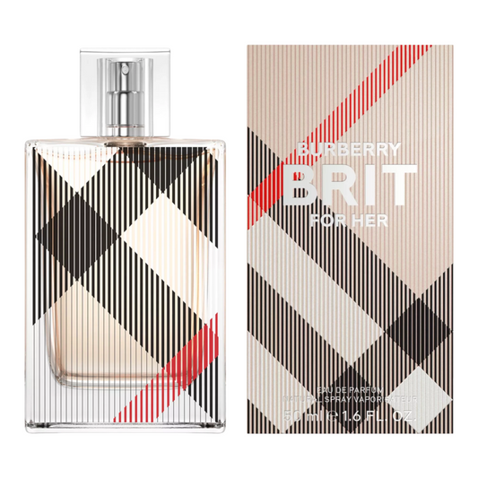 Burberry Brit for Her perfume bottle and packaging with checkered design.