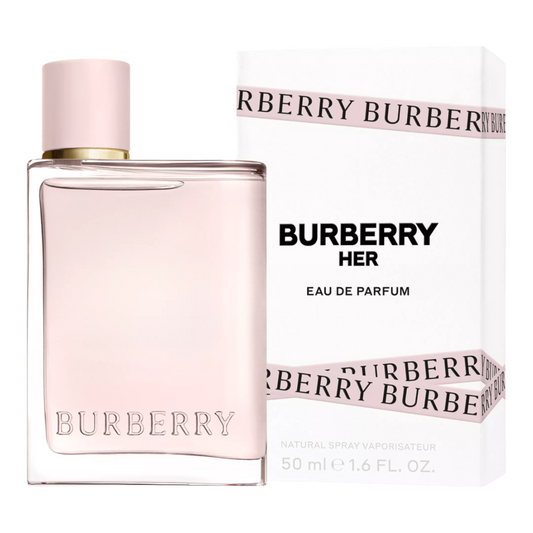 Burberry Her Eau de Parfum bottle and packaging on a white background