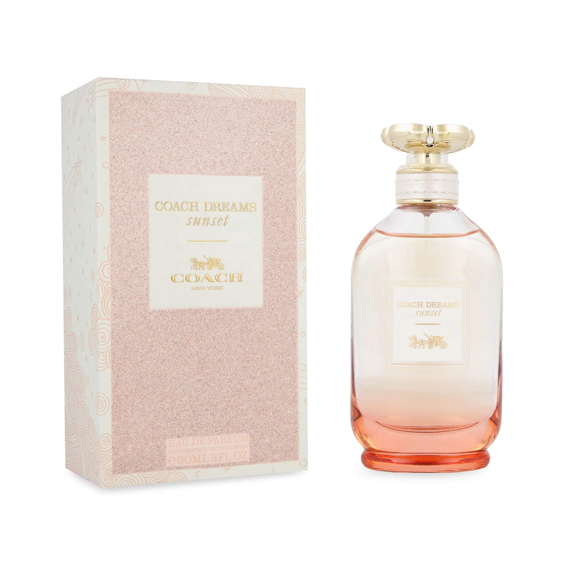 Coach Dreams Shimmer perfume bottle and packaging on a white background