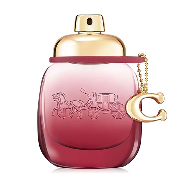 Pink perfume bottle with gold cap and 'C' charm on a white background