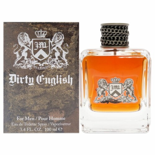 Perfume bottle and packaging of 'Dirty English' for men on a white background