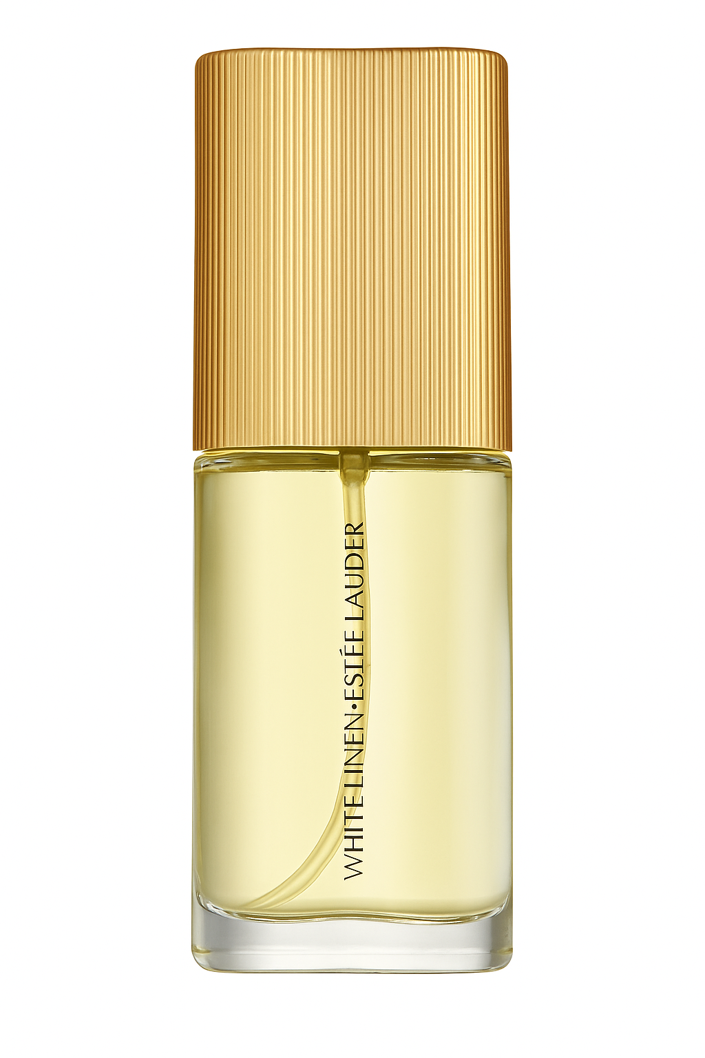 estee lauder white linen Perfume bottle with gold cap and clear body on a white background