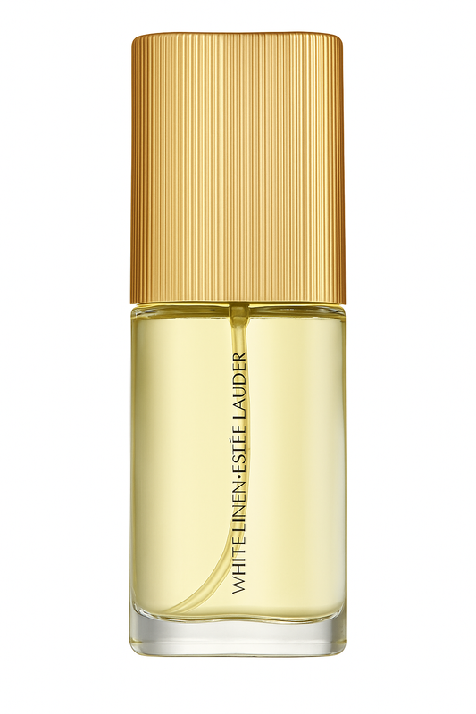 estee lauder white linen Perfume bottle with gold cap and clear body on a white background