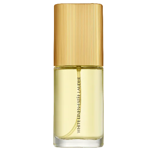 estee lauder white linen Perfume bottle with gold cap and clear body on a white background
