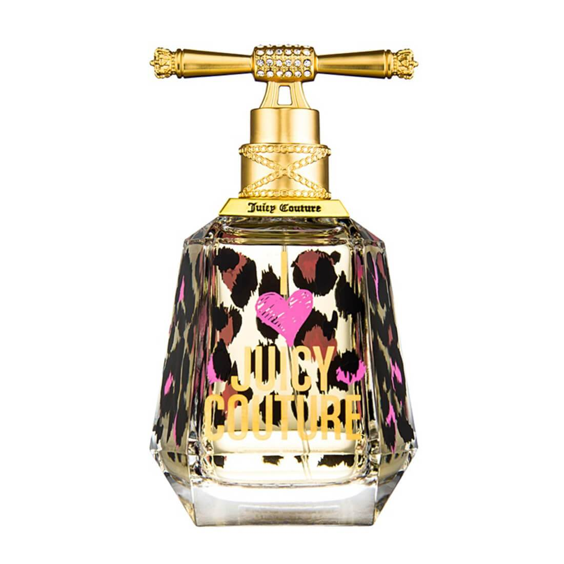 Juicy Couture perfume bottle with gold cap and leopard print design on a white background
