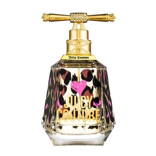 Juicy Couture perfume bottle with gold cap and leopard print design on a white background