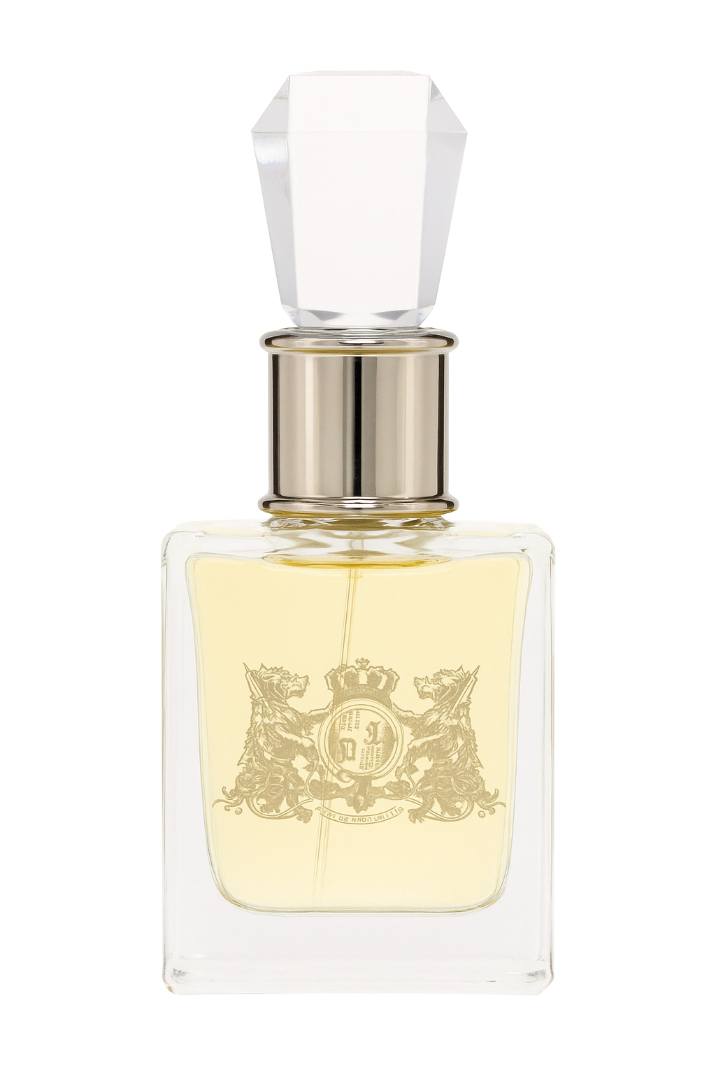 Perfume bottle with decorative label on a white background