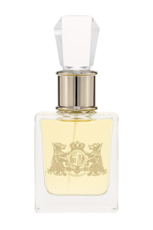 Perfume bottle with decorative label on a white background
