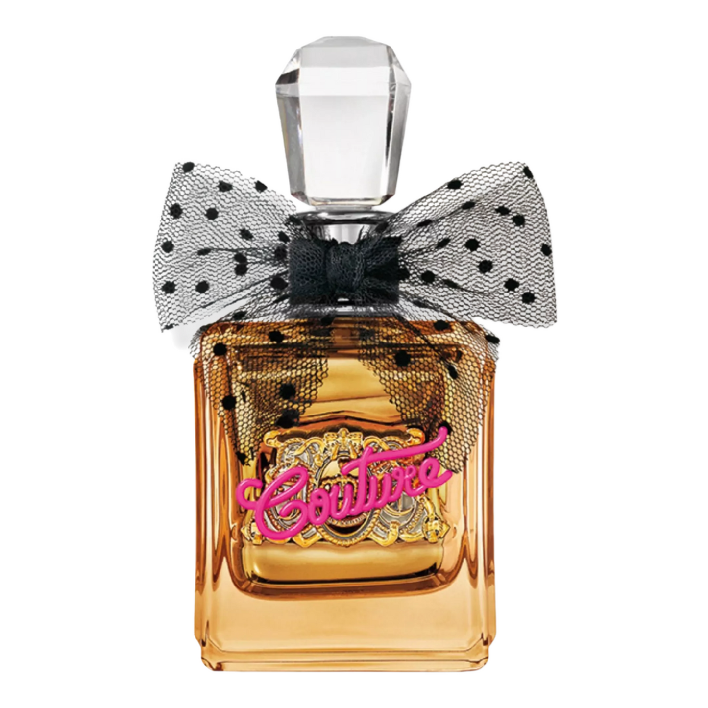 Perfume bottle with a decorative bow and 'Couture' text on a white background