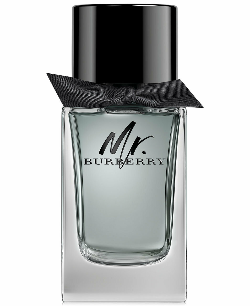 Burberry Mr. Burberry perfume bottle with black cap and ribbon on a white background