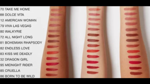 Lipstick swatches with names on a white background