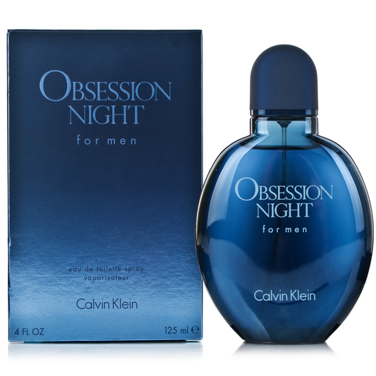 Calvin Klein Obsession Night perfume bottle and packaging on a white background