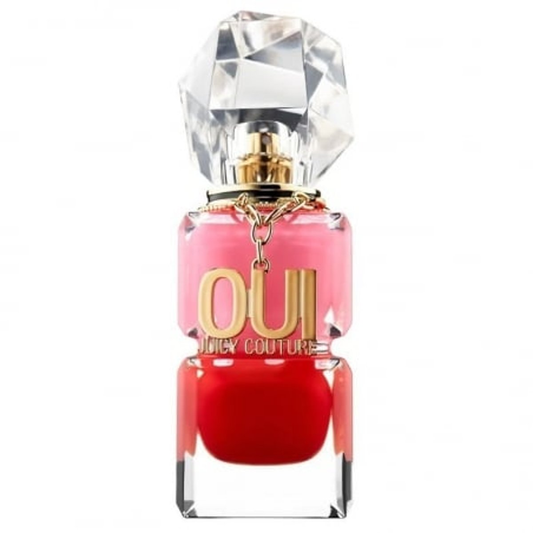oui juice coutre Pink and red bottle with a clear cap on a white background