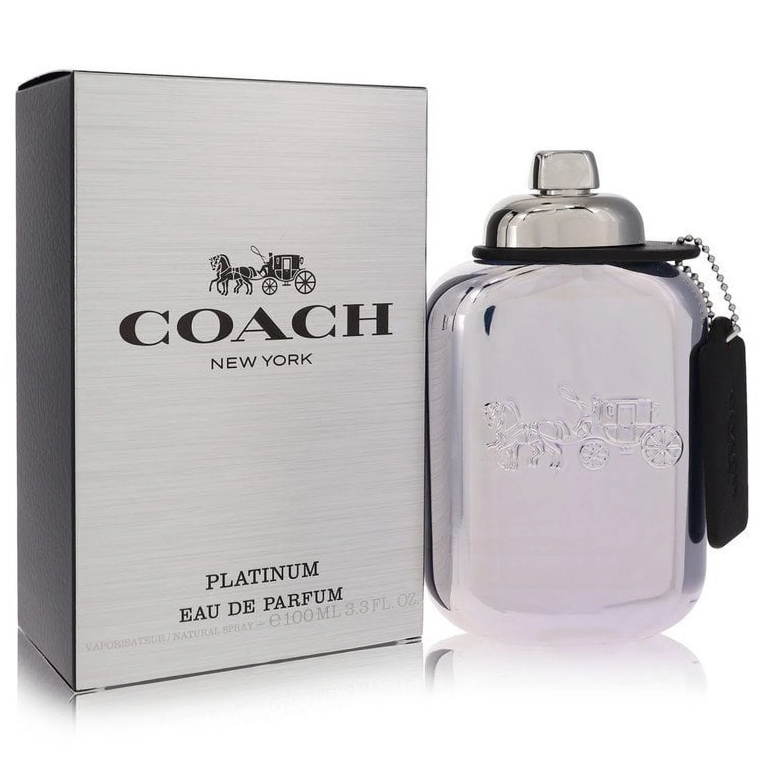 Coach New York Platinum Eau de Parfum bottle and packaging on a white background