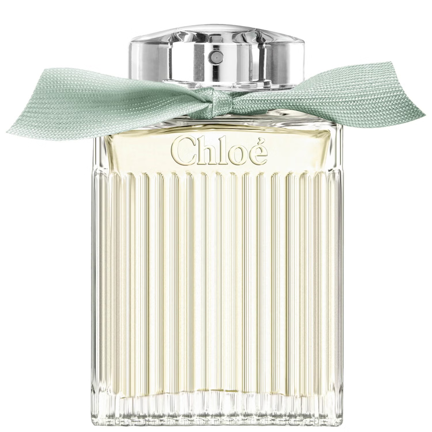 Chloe perfume bottle with a green ribbon on a white background