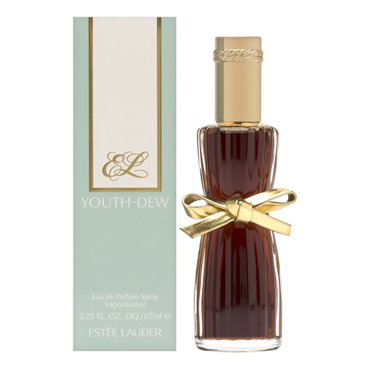 Estée Lauder Youth-Dew perfume bottle with gold bow and packaging on a white background