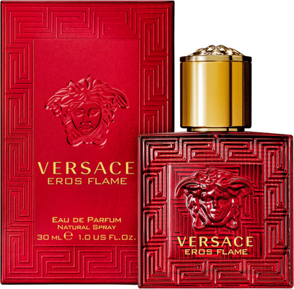 Versace Eros Flame perfume bottle and packaging with gold accents on a white background