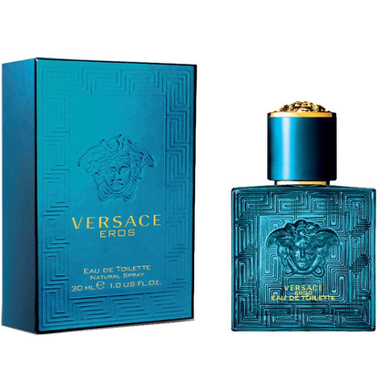 Versace Eros perfume bottle and packaging on a white background