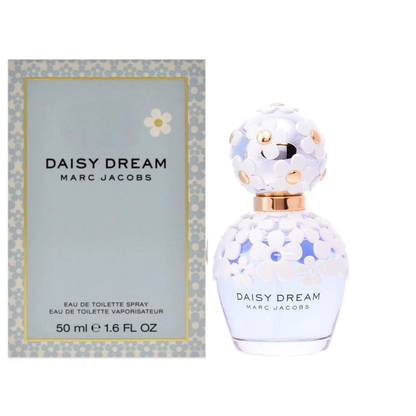 Marc Jacobs Daisy Dream perfume bottle and packaging on a white background